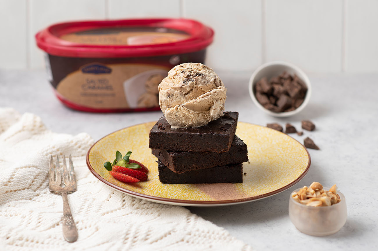 Brownies Topped with Salted caramel Ice cream